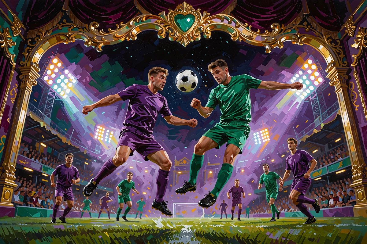 Illustration af to fodboldspillere i lilla og gr&oslash;nne tr&oslash;jer, der hopper efter et hovedst&oslash;d under projekt&oslash;rer - sportsbook og live betting