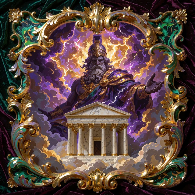 Illustration af en gud med lyn over et marmortempel p&aring; skyer - jackpotserien Age of the Gods