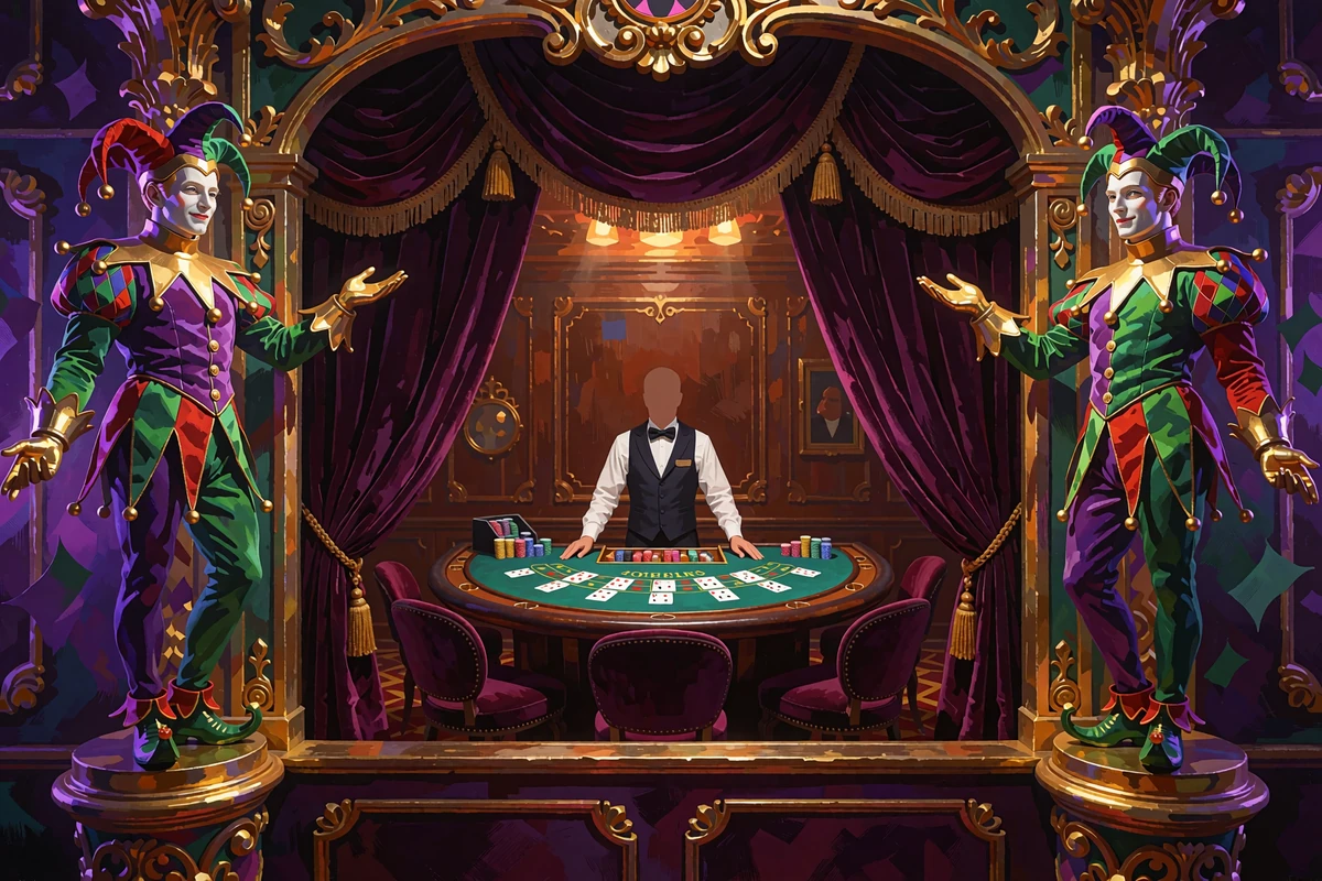 Croupier ved gr&oslash;nt blackjackbord mellem lilla fl&oslash;jlsgardiner og forgyldte jesterstatuer - Jokery live casino