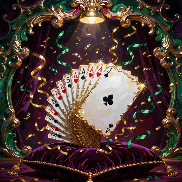 Spillekort i spiral over en lilla fl&oslash;jlspude med guld- og gr&oslash;n konfetti - kategorien nye slots hos Jokery Casino