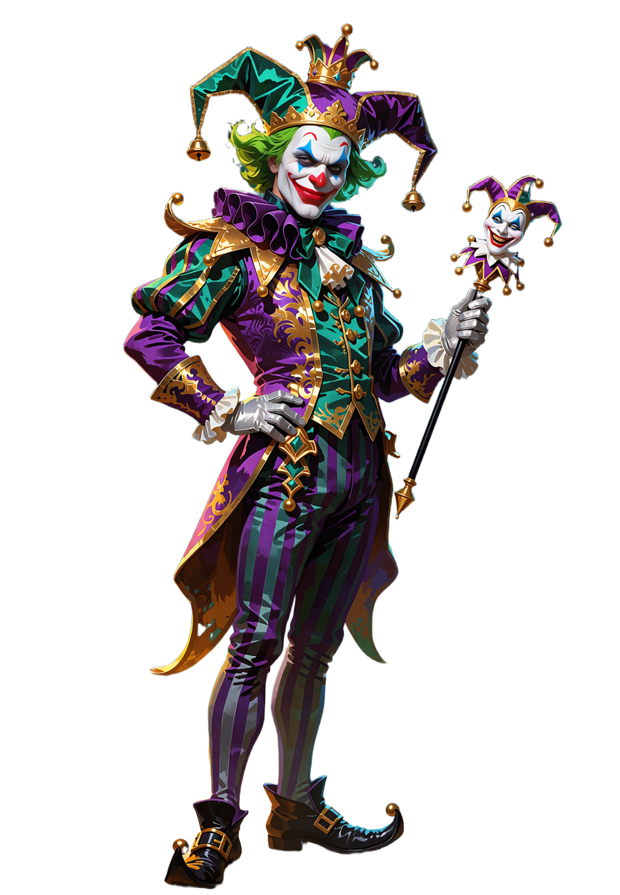 Joker-maskotten i fuld figur med gr&oslash;nt h&aring;r, klovnemaling og bredt grin, med jesterscepter - temaet bag Jokery Casino