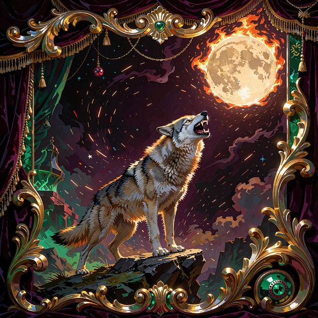Illustration af en s&oslash;lvgr&aring; ulv, der hyler mod en flammende fuldm&aring;ne over en klippe - jackpotslotten Wolf Blaze