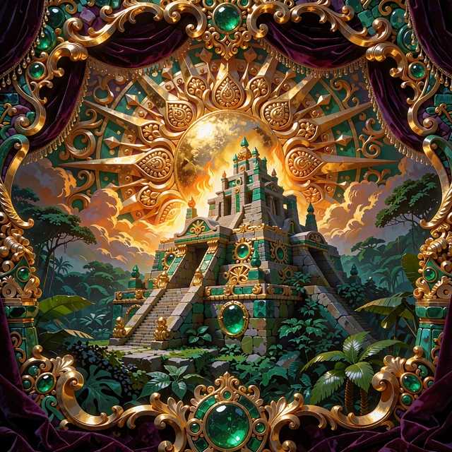Illustration af et trappetempel i jungle under en lysende guldsol - jackpotslotten Aztec Sun hos Jokery