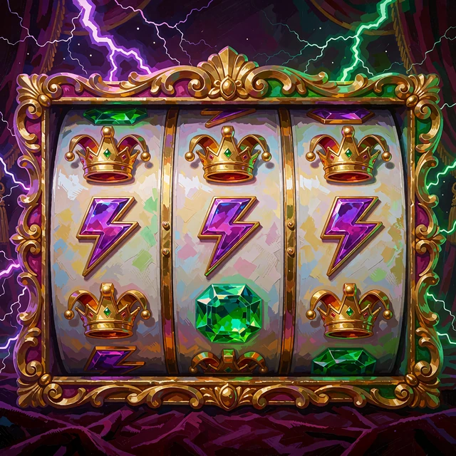 Slot-hjul med jesterkrone, lynsymbol og smaragd foran et violet lynuvejr - kategorien High Volatility slots