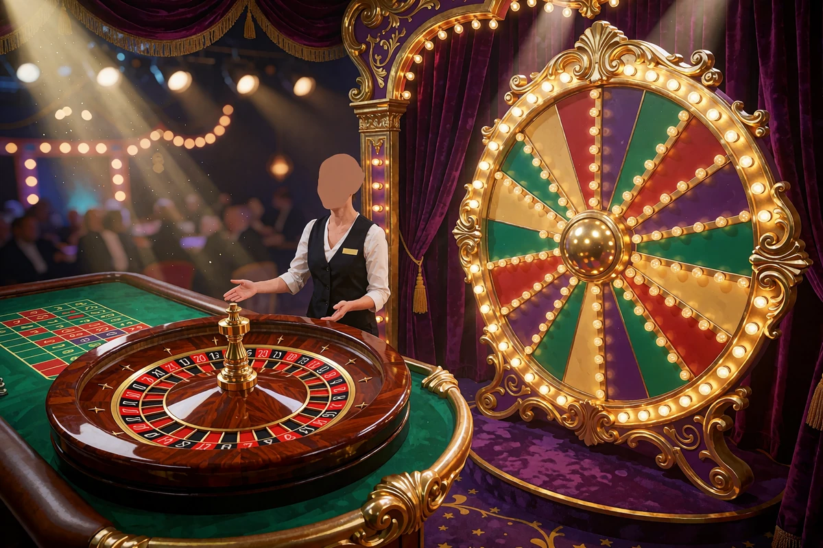 Illustration af en croupier mellem et roulettehjul og et stort game show-hjul p&aring; en lilla scene - live casino hos Jokery