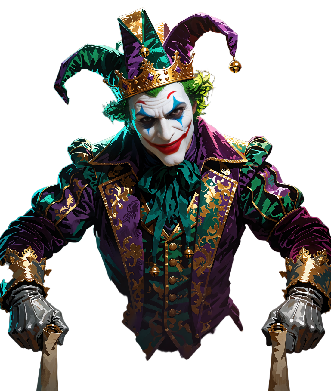 Jokery-maskotten Joker med gr&oslash;nt h&aring;r, hvid klovnemaling og bredt grin i jesterhat foran en gr&oslash;n kaos-hvirvel